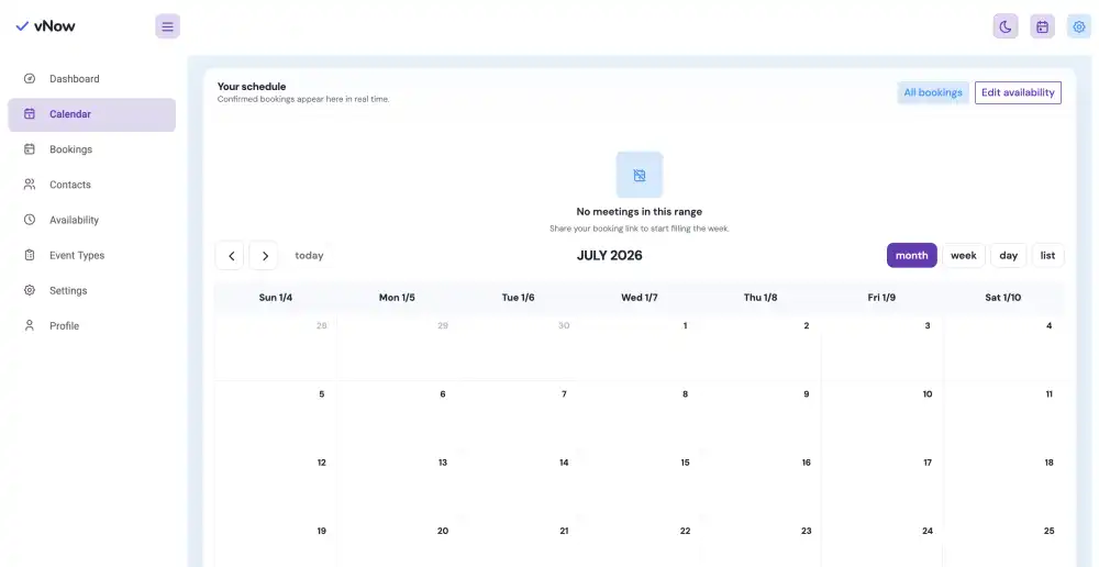vNow monthly calendar showing confirmed bookings and availability controls