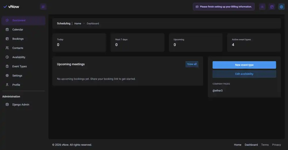 vNow host dashboard showing upcoming meetings and booking shortcuts
